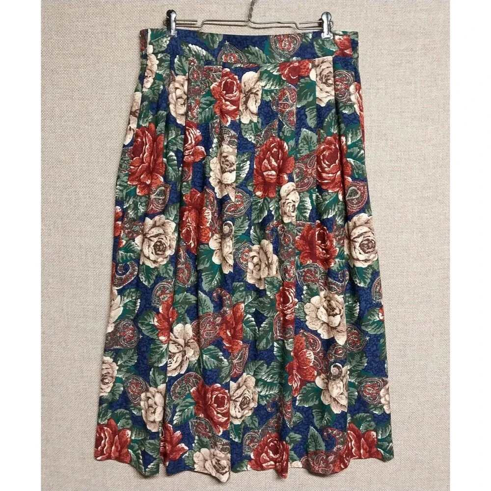 Vintage Kathie Lee Rich Orange Beige Blue Floral Skirt Pleated Maxi USA  Size 10